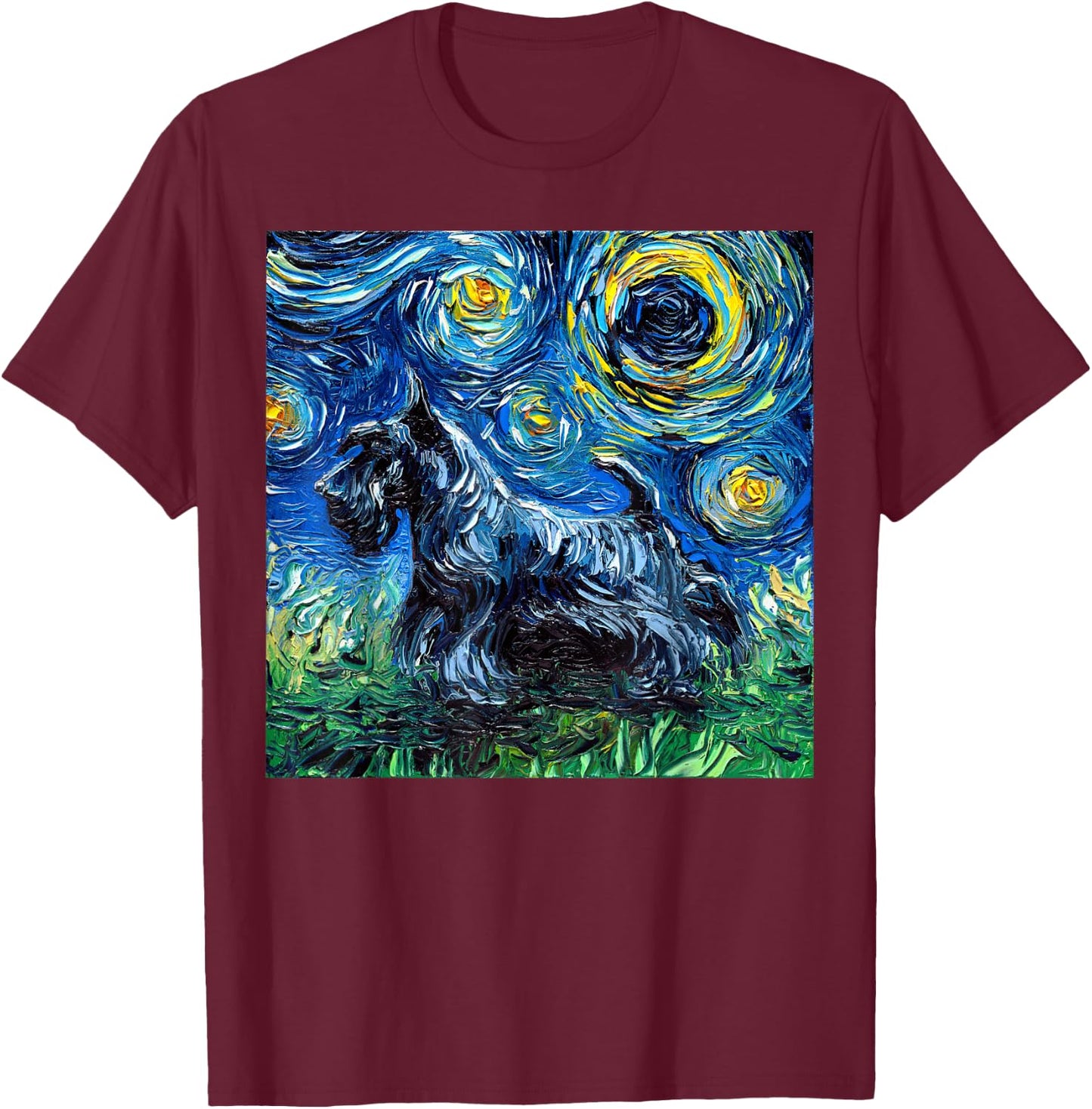 Scottish Terrier Starry Night Scotty Dog Artwork T-Shirt - T-Shirt | Maroon