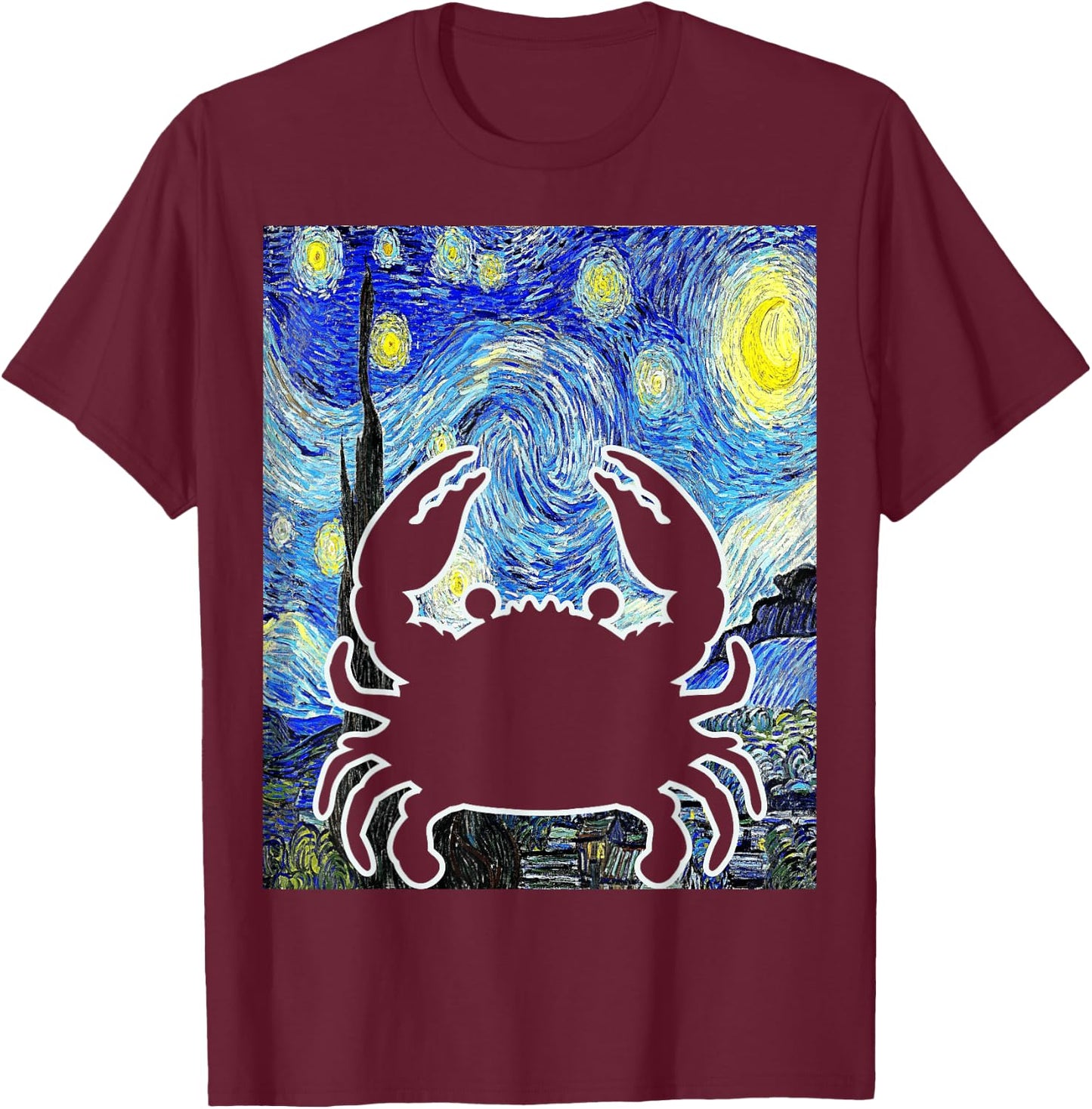 Crab Starry Night Seafood Crabbing Van Gogh Painting T-Shirt - T-Shirt | Maroon