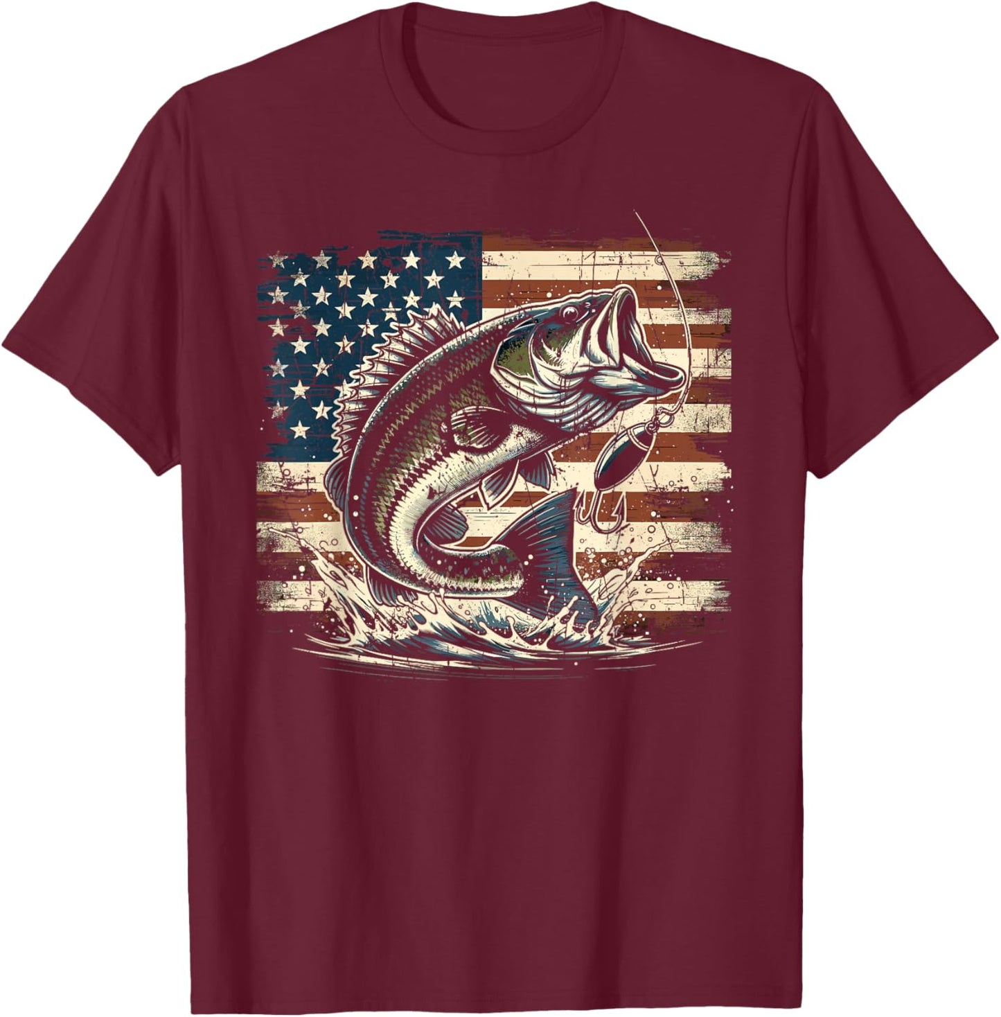 Fishing US American Flag Bass Fish Fisherman T-Shirt - T-Shirt | Maroon