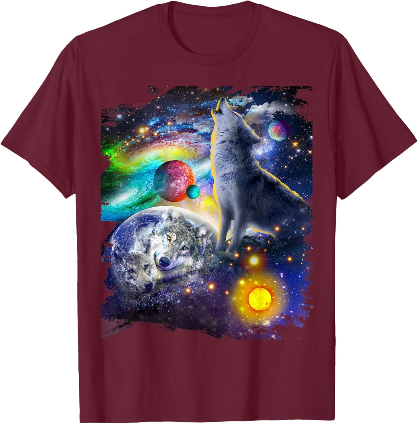 Cosmic Space Wolf, Wolves Family Howling, Reflections T-Shirt - T-Shirt | Maroon