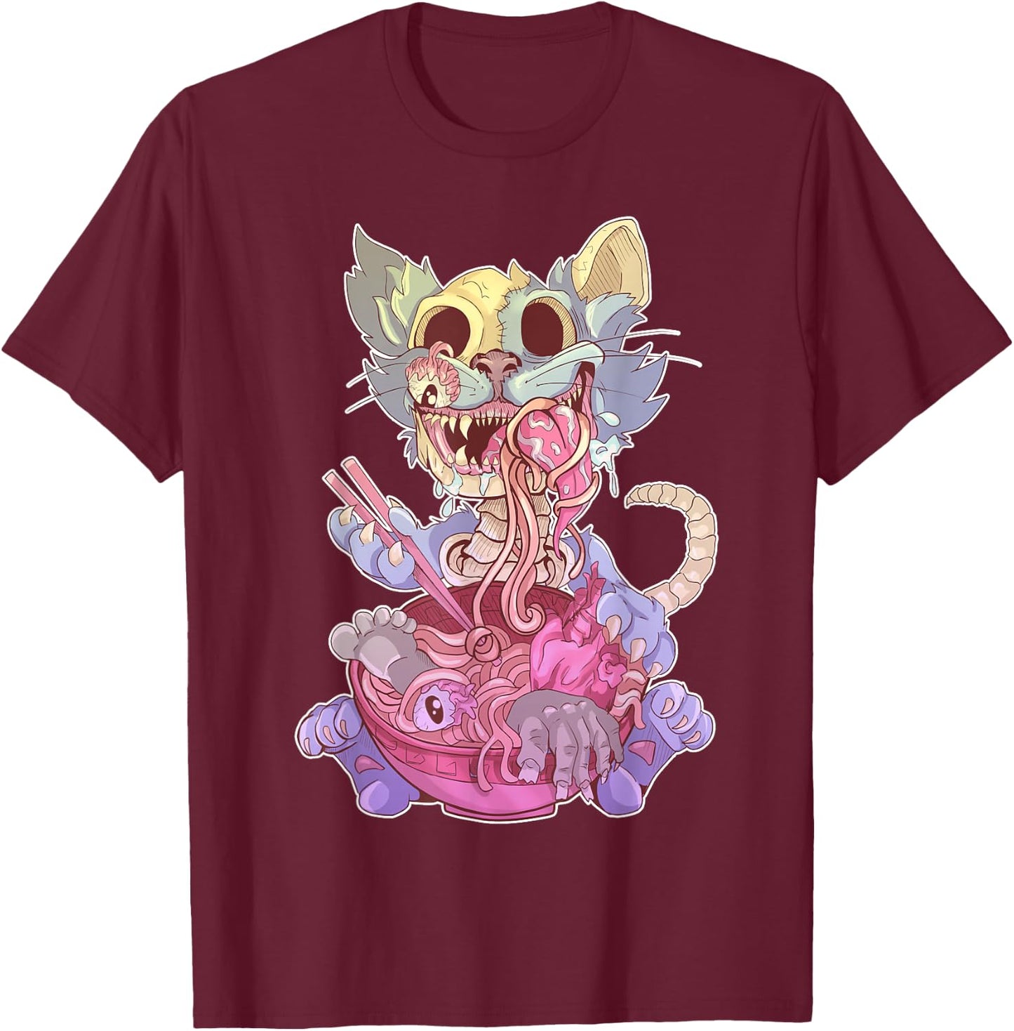 Ramen Shirt Pastel Goth Kawaii Weird Cat Eating Ramen Otaku T-Shirt - T-Shirt | Maroon