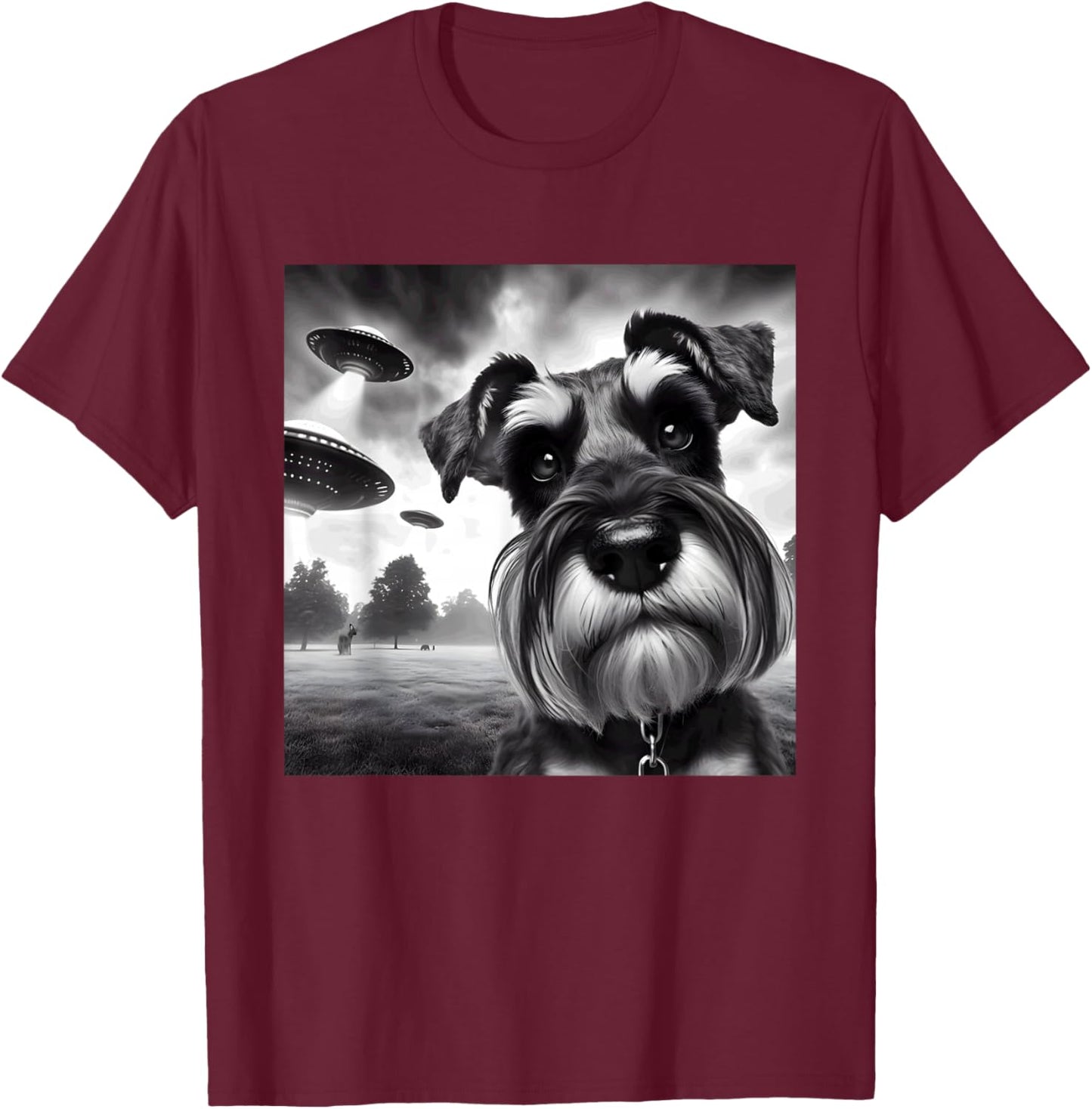 Miniature Schnauzer Funny Graphic Selfie UFOs Weird Aliens T-Shirt - T-Shirt | Maroon