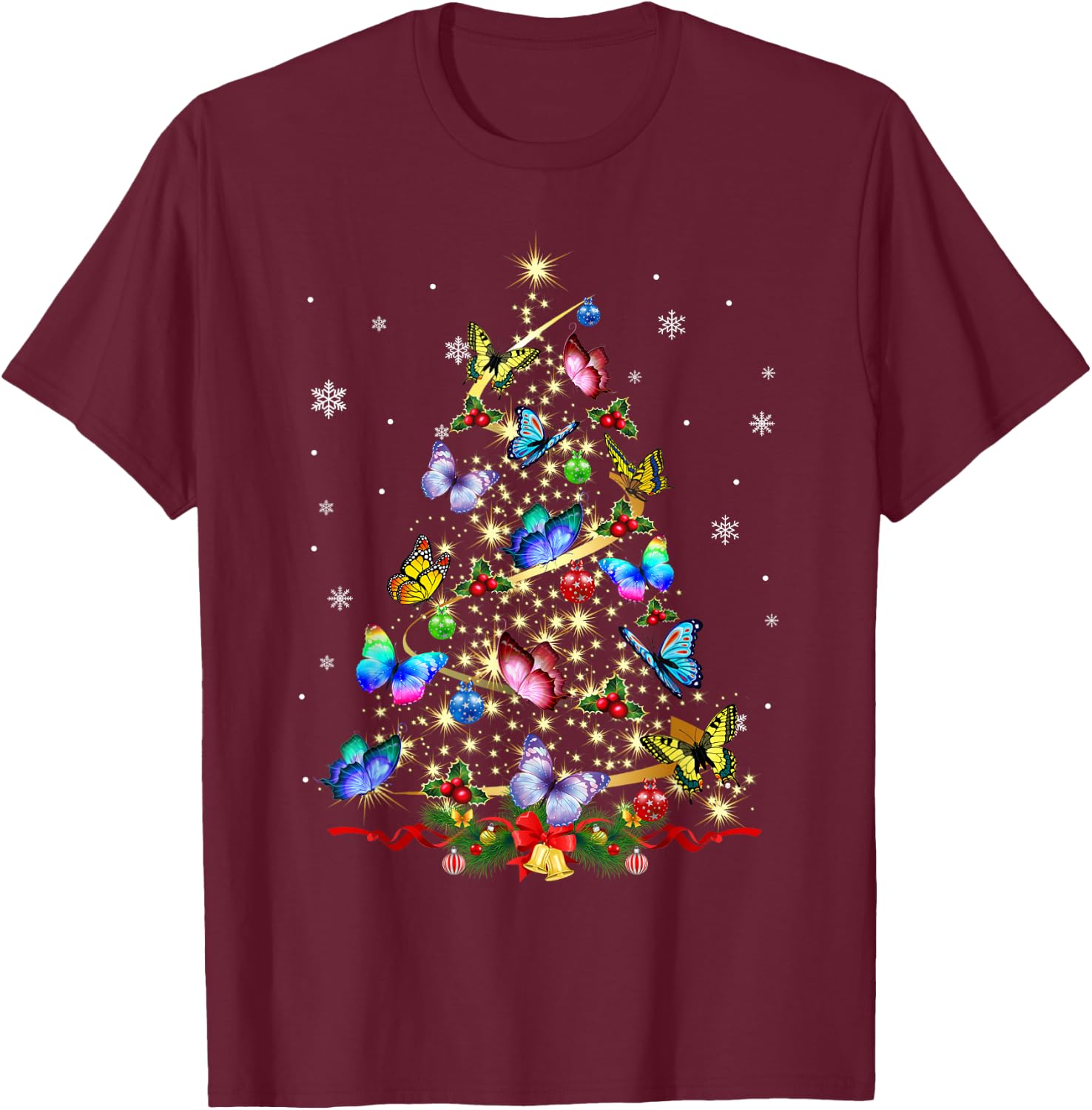 Butterfly Christmas Tree Lights Girl Xmas Cute Butterfly T-Shirt - T-Shirt | Maroon