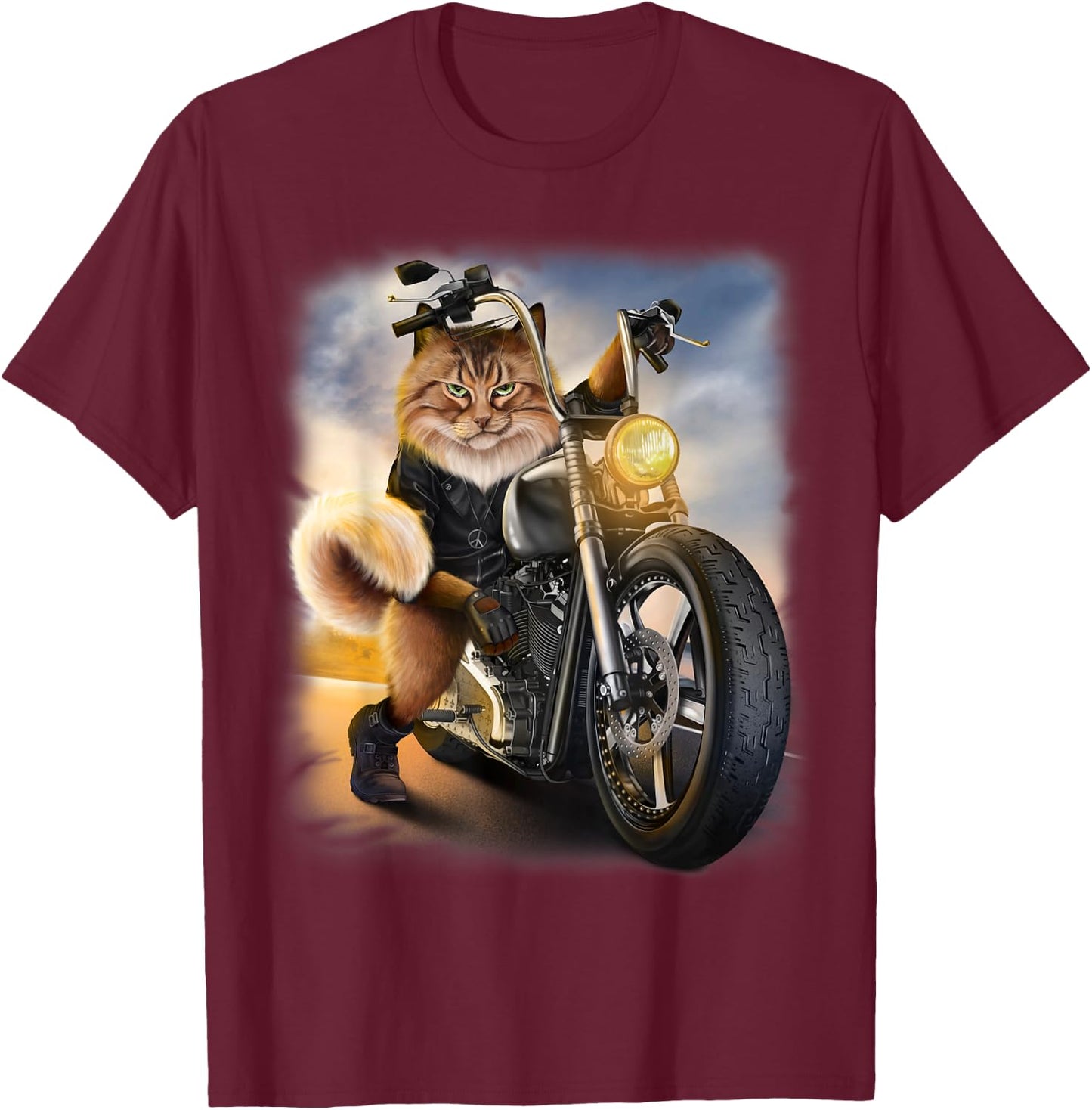 Biker Tabby Cat Riding Chopper Motorcycle Women Kids T-Shirt - T-Shirt | Maroon
