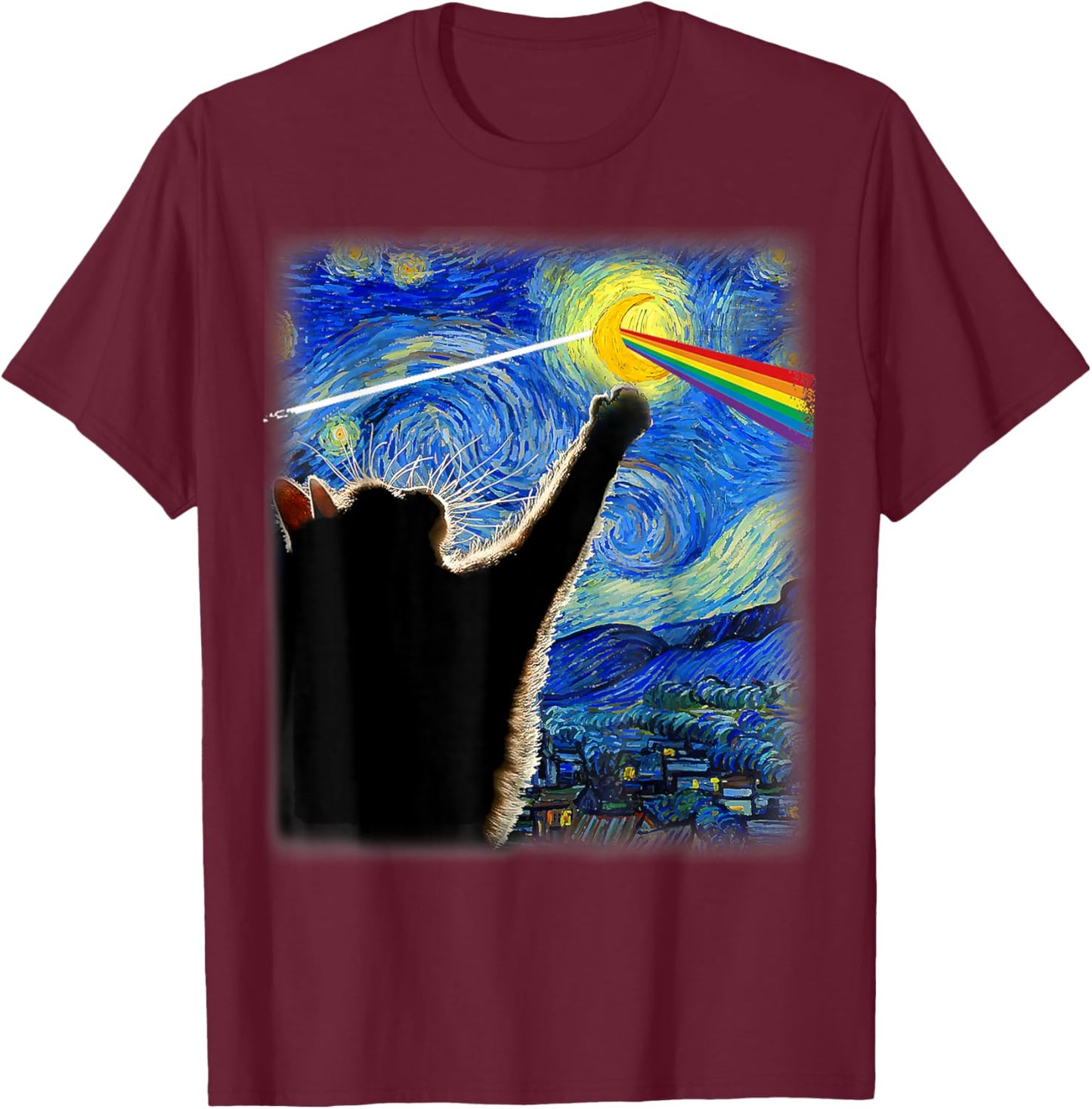 Cat Starry Night Van Gogh Cat Gifts Cat Lover Cat Rock Music Women Kids T-Shirt - T-Shirt | Maroon