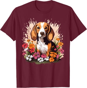 Cute Beagle Spring Flower Garden Beautiful Nature Puppy Dog T-Shirt - T-Shirt | Maroon