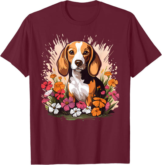 Cute Beagle Spring Flower Garden Beautiful Nature Puppy Dog T-Shirt - T-Shirt | Maroon