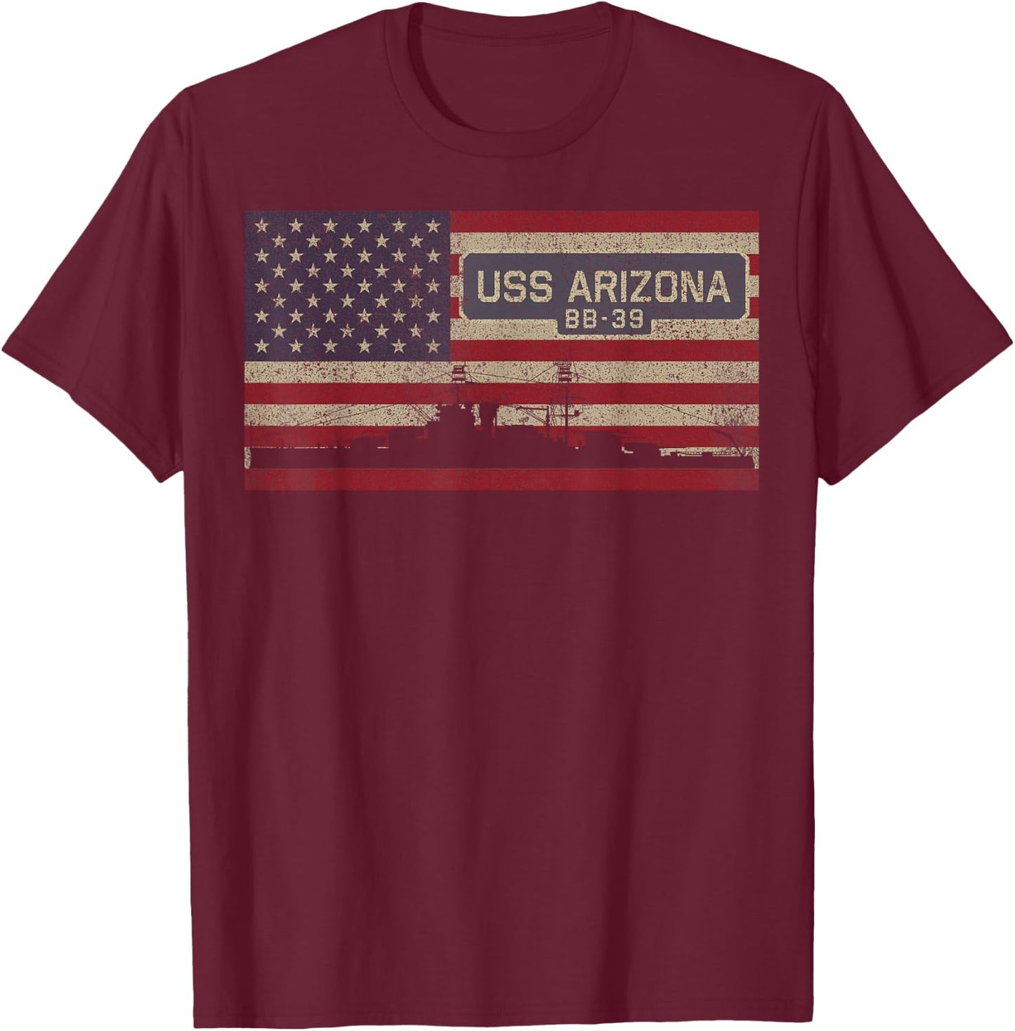 USS Arizona BB-39 Battleship USA American Flag T-Shirt - T-Shirt | Maroon