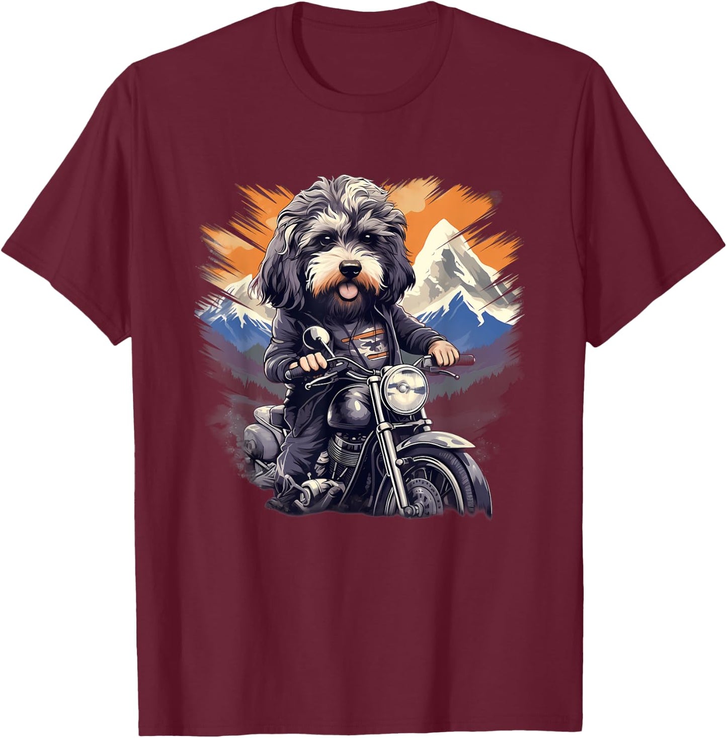 Biker Aussiedoodle Dog Riding Motorbike T-Shirt - T-Shirt | Maroon