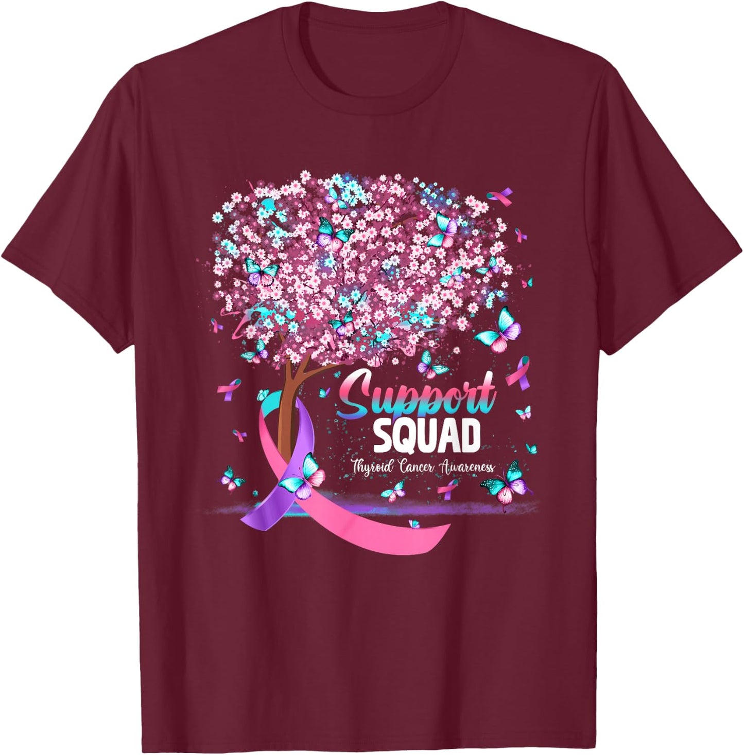 Support Squad Butterfly Purple Pink Ribbon Thyroid Cancer T-Shirt - T-Shirt | Maroon