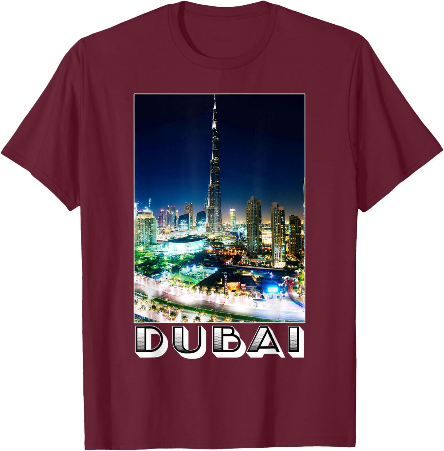 Dubai Cityscape at Night Burj Khalifa Tower - Dubai Tourist T-Shirt - T-Shirt | Maroon