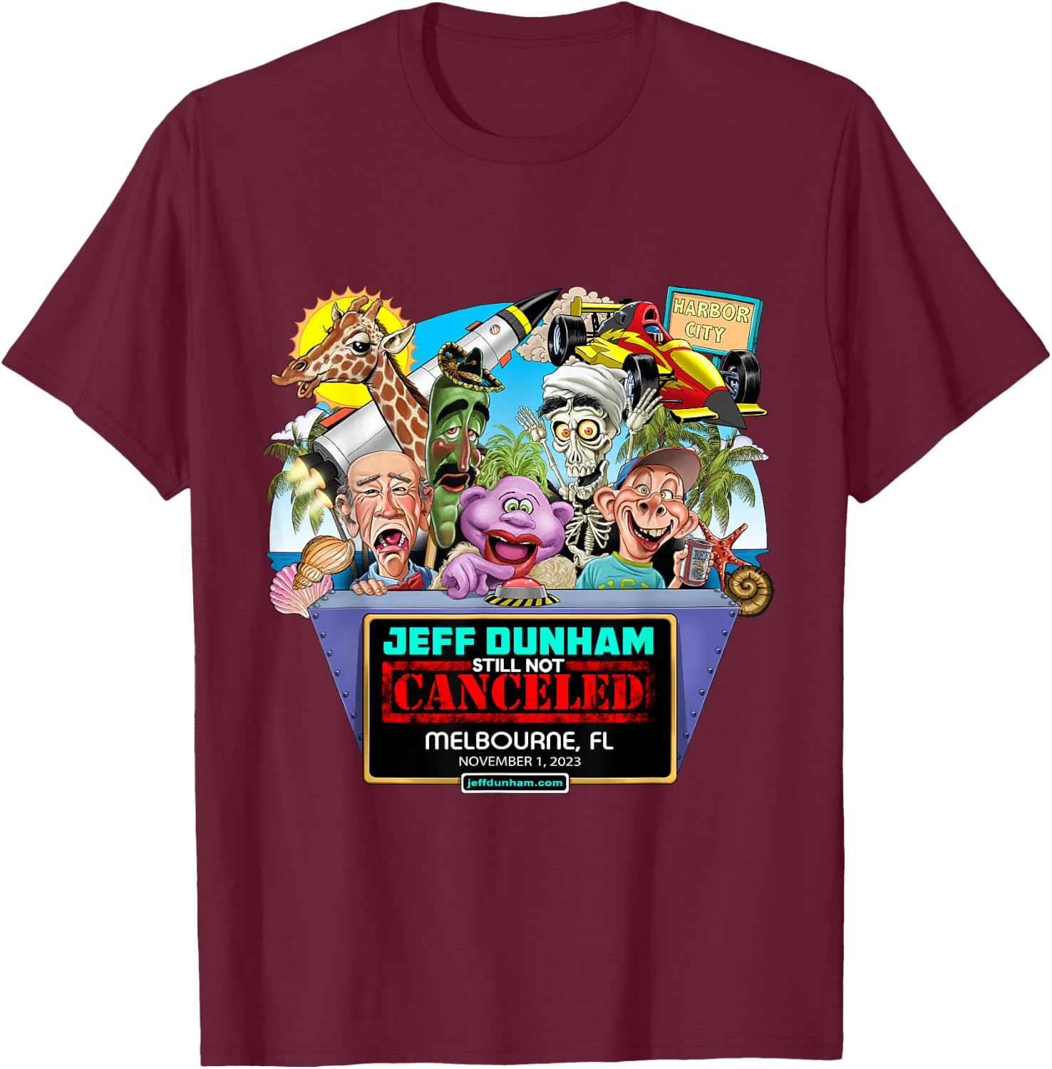 Jeff Dunham Melbourne, FL (2023) T-Shirt - T-Shirt | Maroon