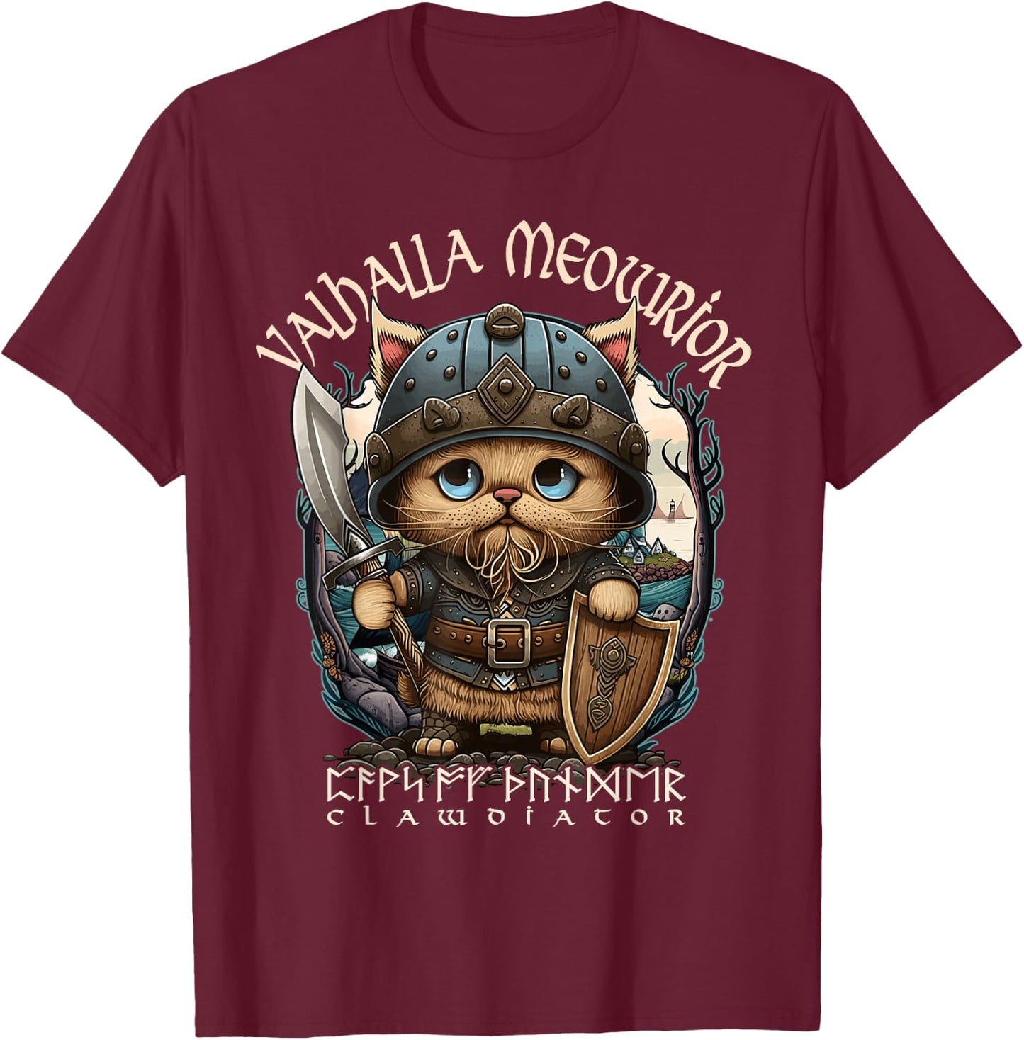 Nordic Norse Valhalla Viking Cat Warrior Men Kids T-Shirt - T-Shirt | Maroon