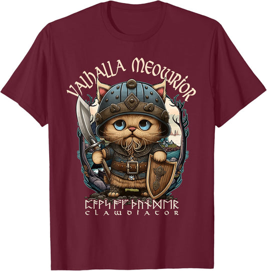 Nordic Norse Valhalla Viking Cat Warrior Men Kids T-Shirt - T-Shirt | Maroon