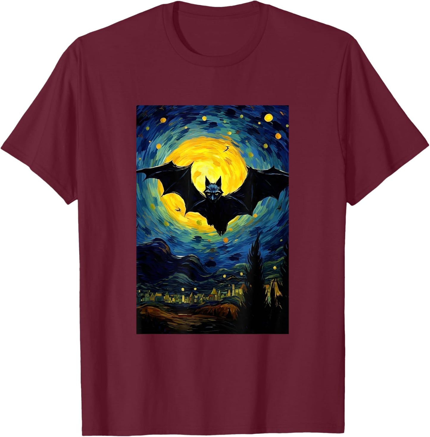 Bat Moon Costume Halloween - Van Gogh Style - Starry Night T-Shirt - T-Shirt | Maroon
