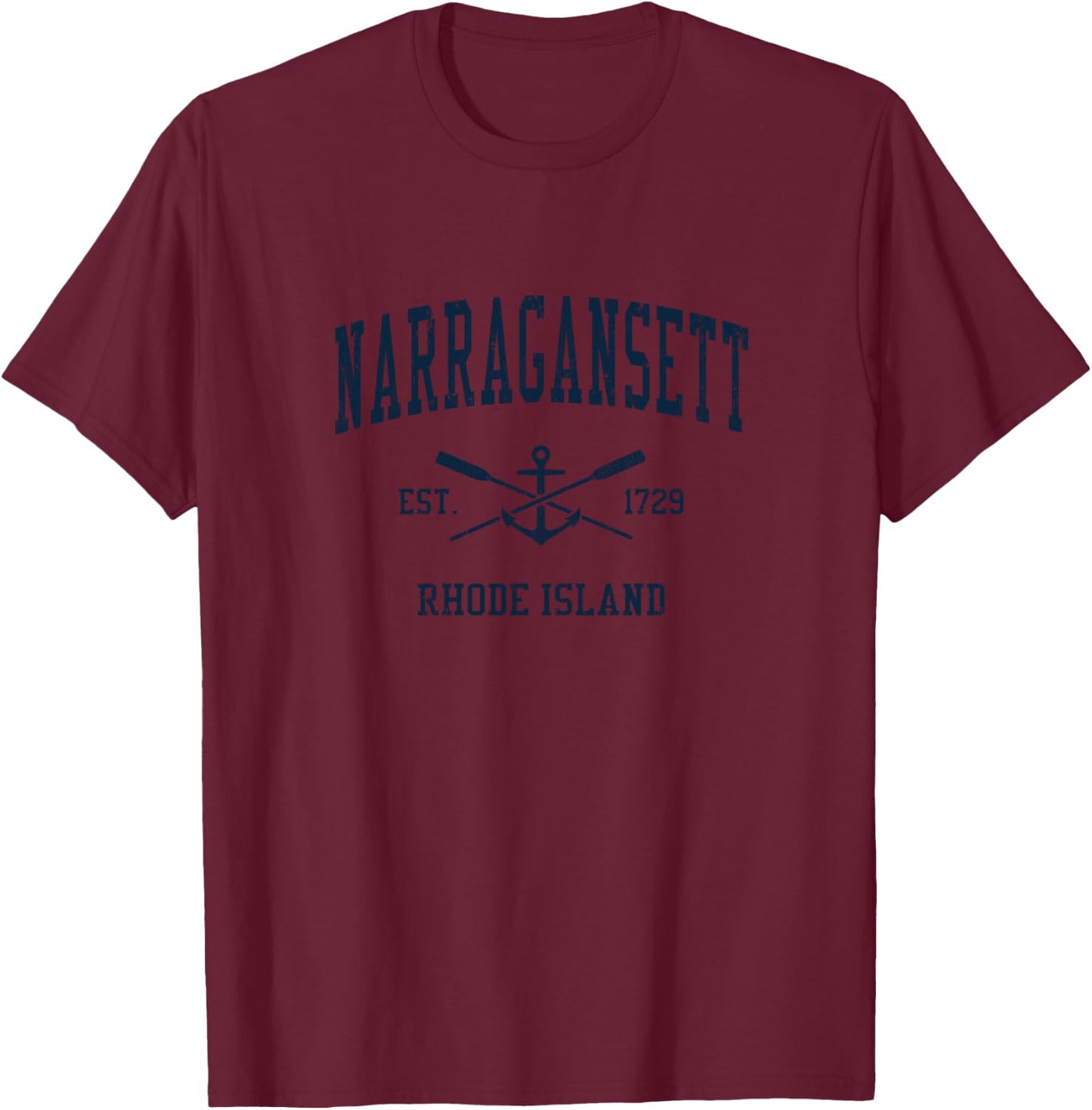 Narragansett RI Vintage Navy Crossed Oars & Boat Anchor T-Shirt - T-Shirt | Maroon