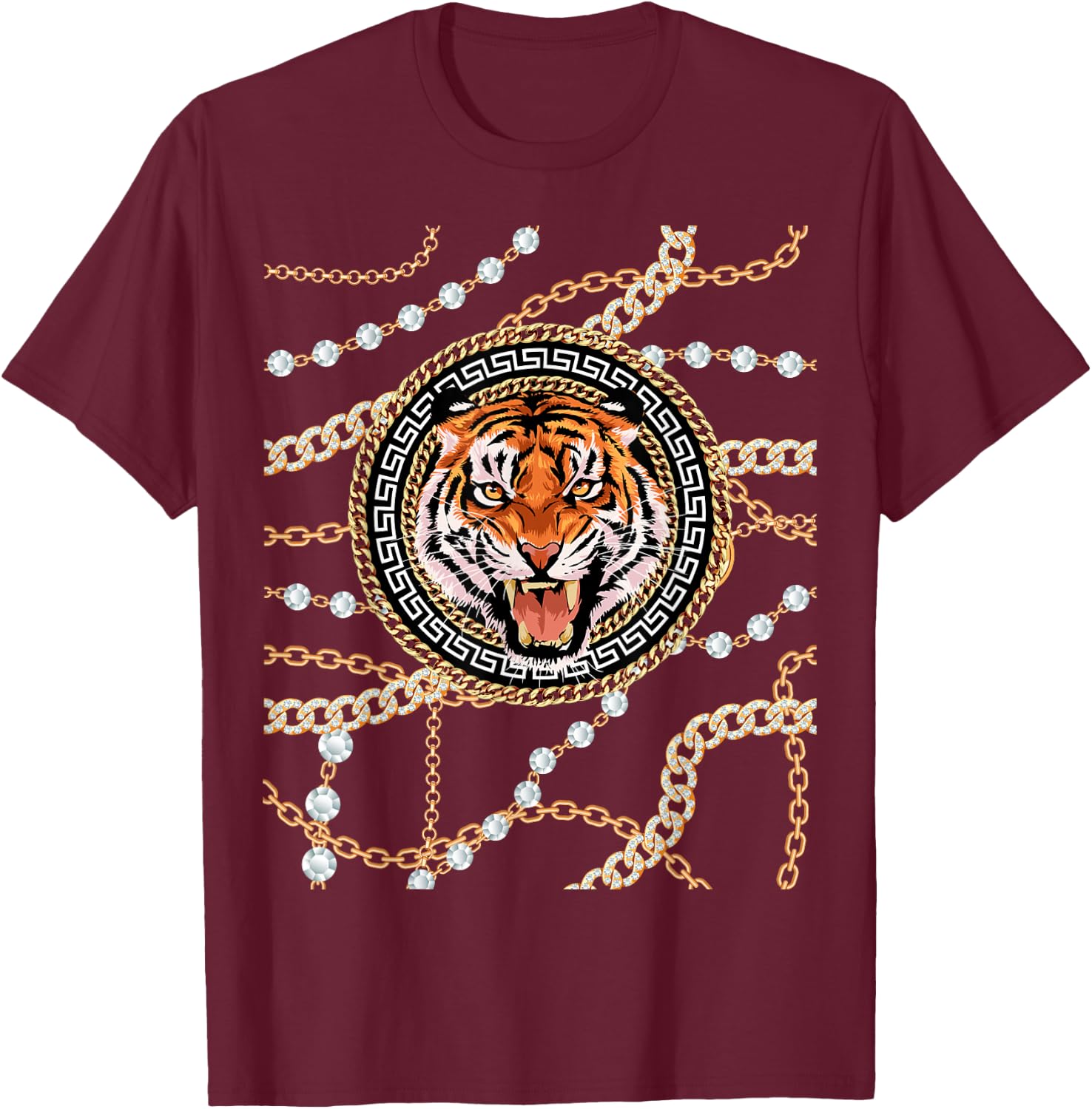 Rich Wild Tiger with Printed Gold Chains & Diamonds Style T-Shirt - T-Shirt | Maroon