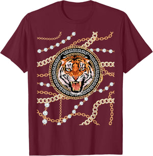 Rich Wild Tiger with Printed Gold Chains & Diamonds Style T-Shirt - T-Shirt | Maroon