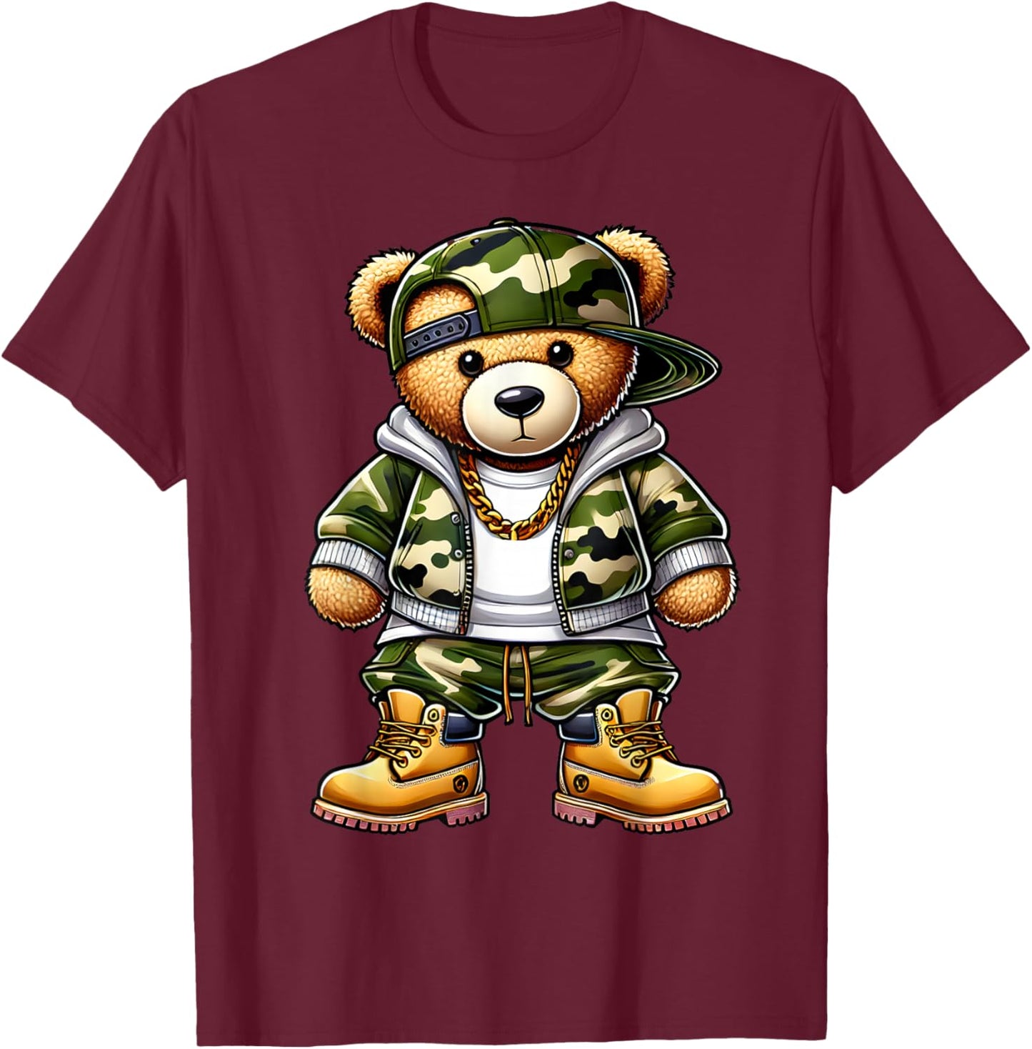 Camo Hip Hop Teddy Bear Camouflage Gangsta Streetwear Hustle T-Shirt - T-Shirt | Maroon