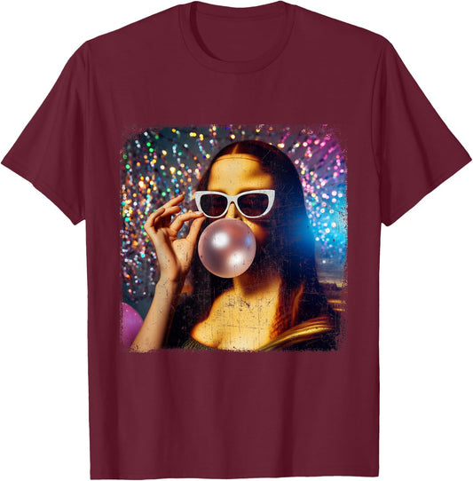 Funny Mona Lisa Bubblegum Gum Leonardo da Vinci T-Shirt - T-Shirt | Maroon