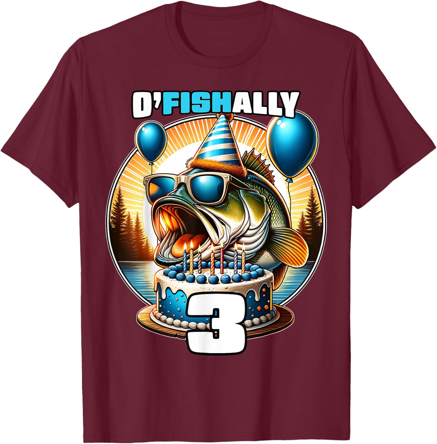O'Fishally 3 Years Old Fishing Birthday 3rd Bday Party T-Shirt - T-Shirt | Maroon