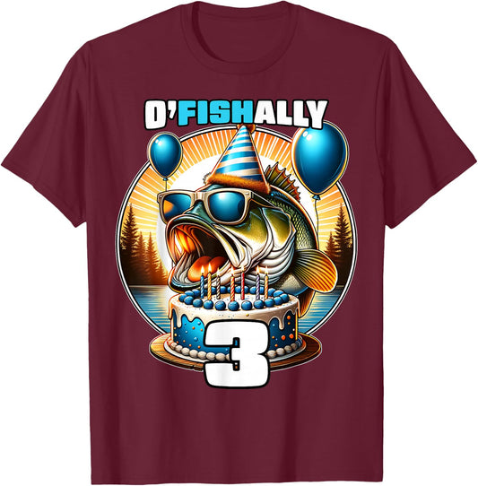 O'Fishally 3 Years Old Fishing Birthday 3rd Bday Party T-Shirt - T-Shirt | Maroon