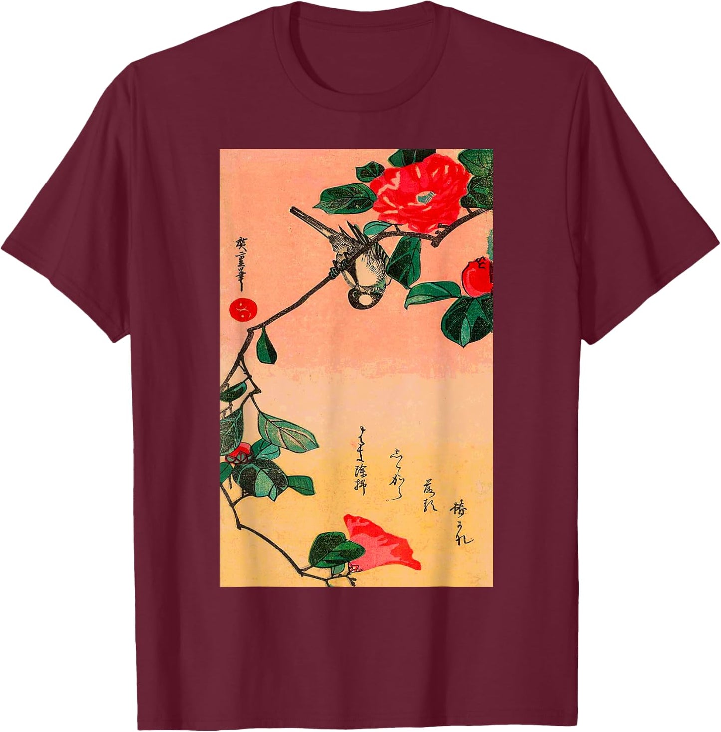 Japanese Art Sunset Bird Cherry Blossom Graphic T-Shirt - T-Shirt | Maroon