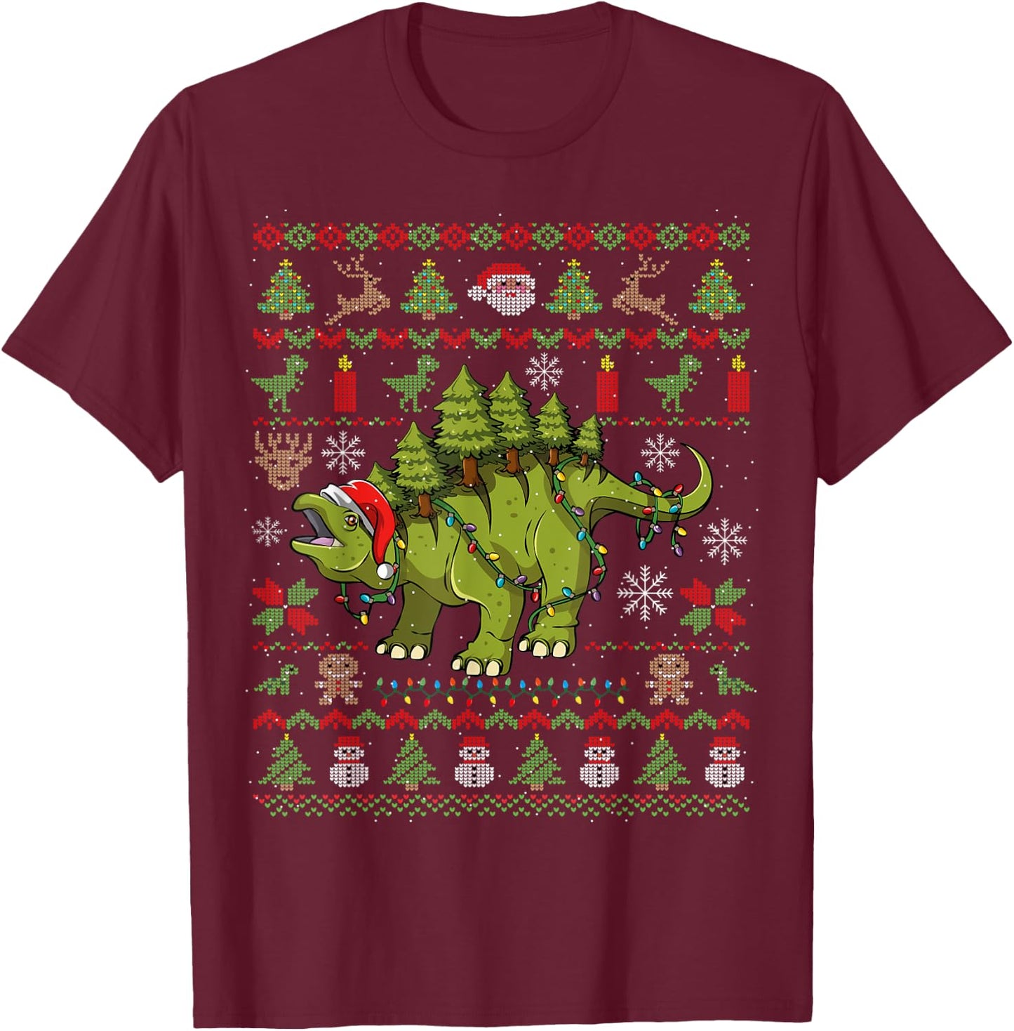 Stegosaurus Ugly Christmas Dinosaur Dino T-Shirt - T-Shirt | Maroon