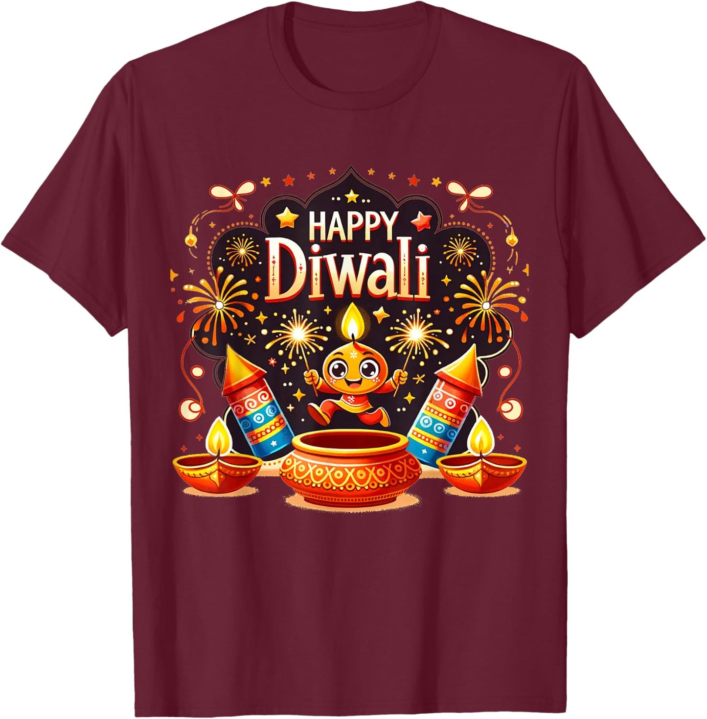 Happy Diwali: Dancing Diyas & Firecracker Candle Celebration T-Shirt - T-Shirt | Maroon