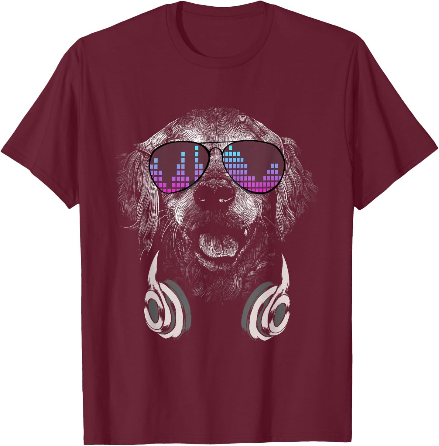 Cool DJ Golden Retriever with sunglasses and headphones T-Shirt - T-Shirt | Maroon