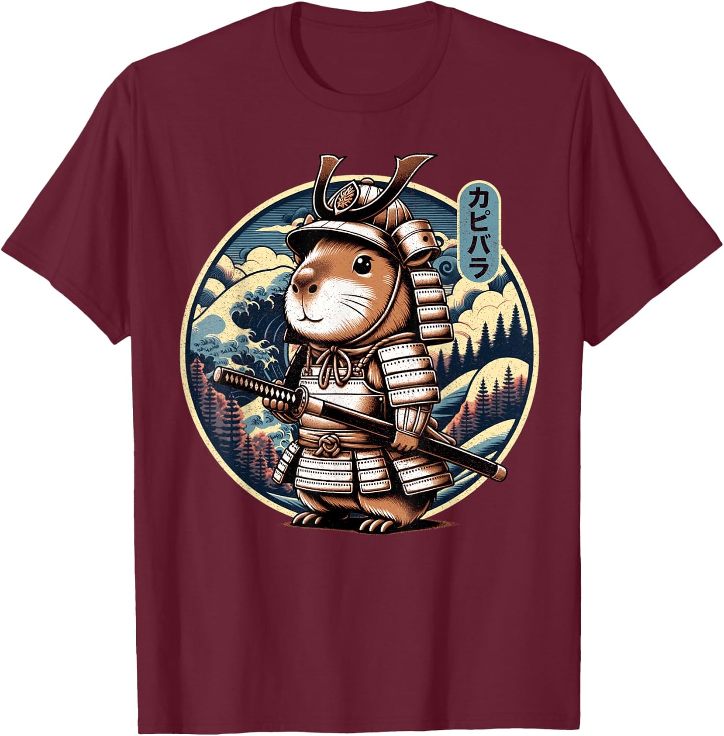 Japanese Samurai Capybara Tattoo, Kawaii Ninja Capybara T-Shirt - T-Shirt | Maroon