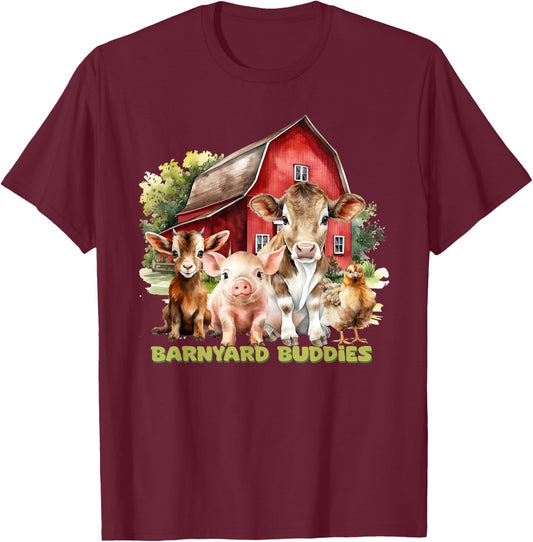 Barnyard Buddies Cute Cow Goat Pig Hen On The Farm Barnyard T-Shirt - T-Shirt | Maroon