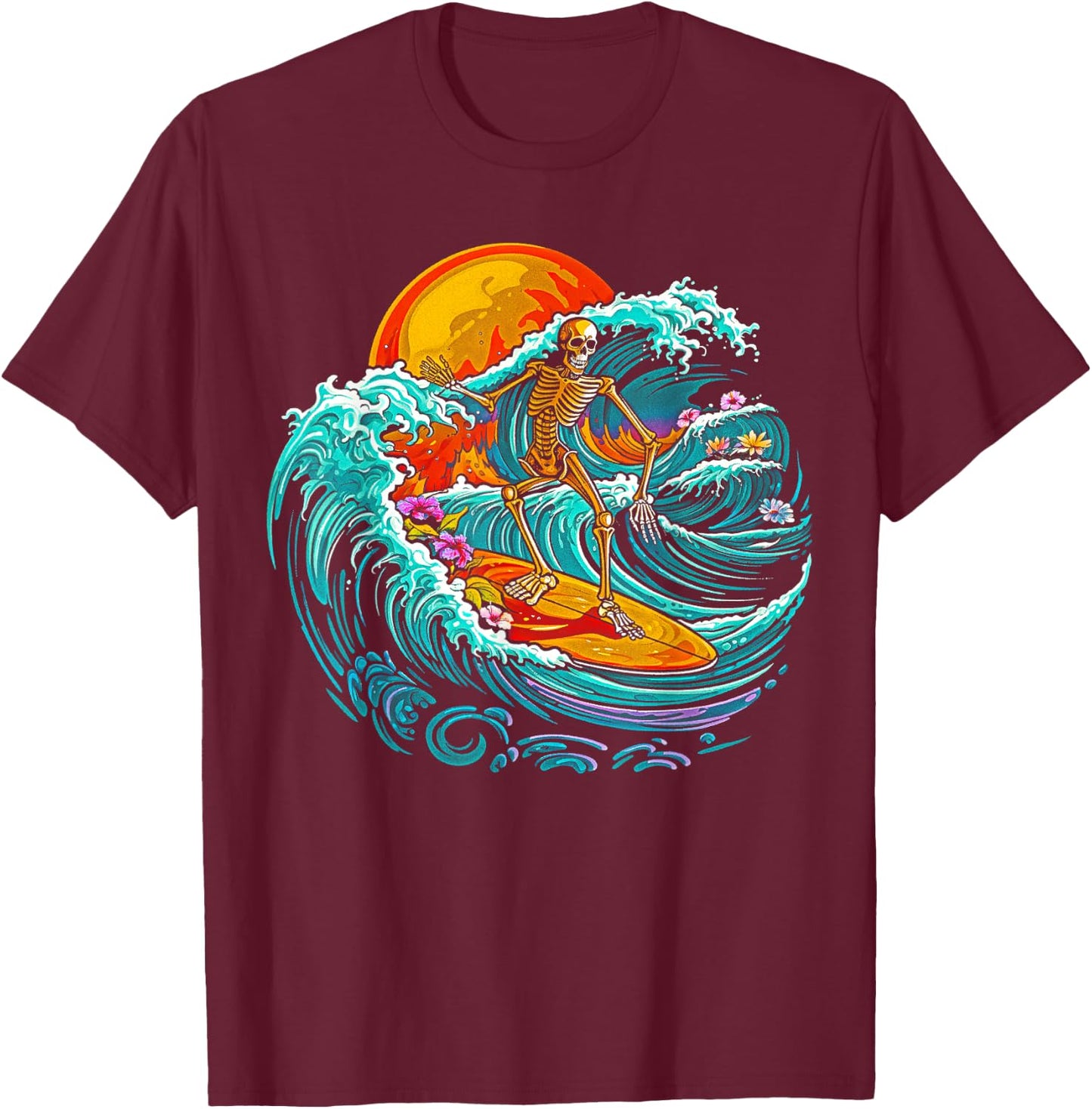 Skull Skeleton Surfer Wave Beach Vintage Funny 80s 80s T-Shirt - T-Shirt | Maroon