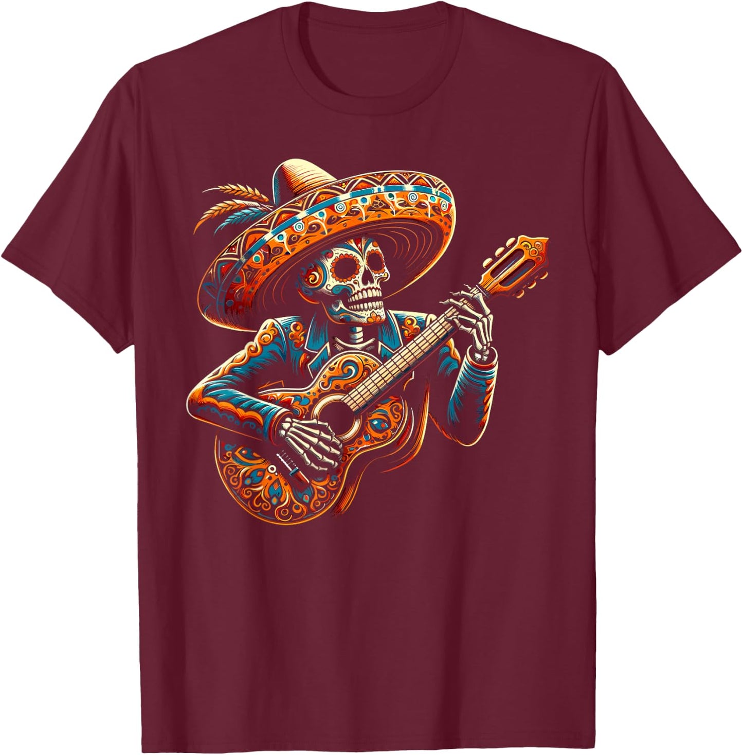 Funny Cinco De Mayo Skeleton Skull Fiesta Sombreros Guitar T-Shirt - T-Shirt | Maroon