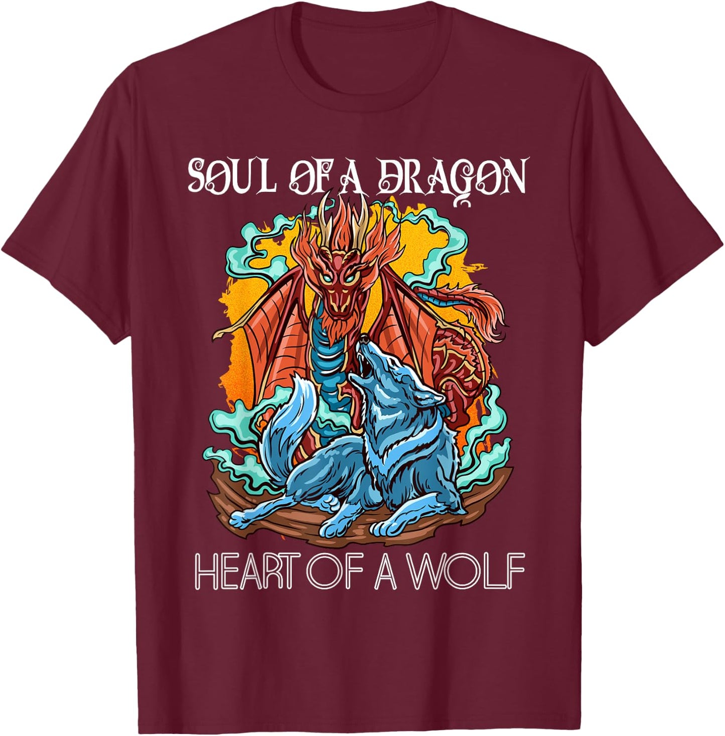 Heart of a Wolf Soul of a Dragon Goth Dragon and Wolf T-Shirt - T-Shirt | Maroon