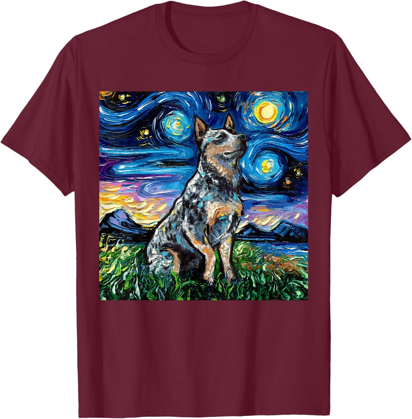 Blue Heeler Starry Night Australian Cattle Dog Art by Aja T-Shirt - T-Shirt | Maroon