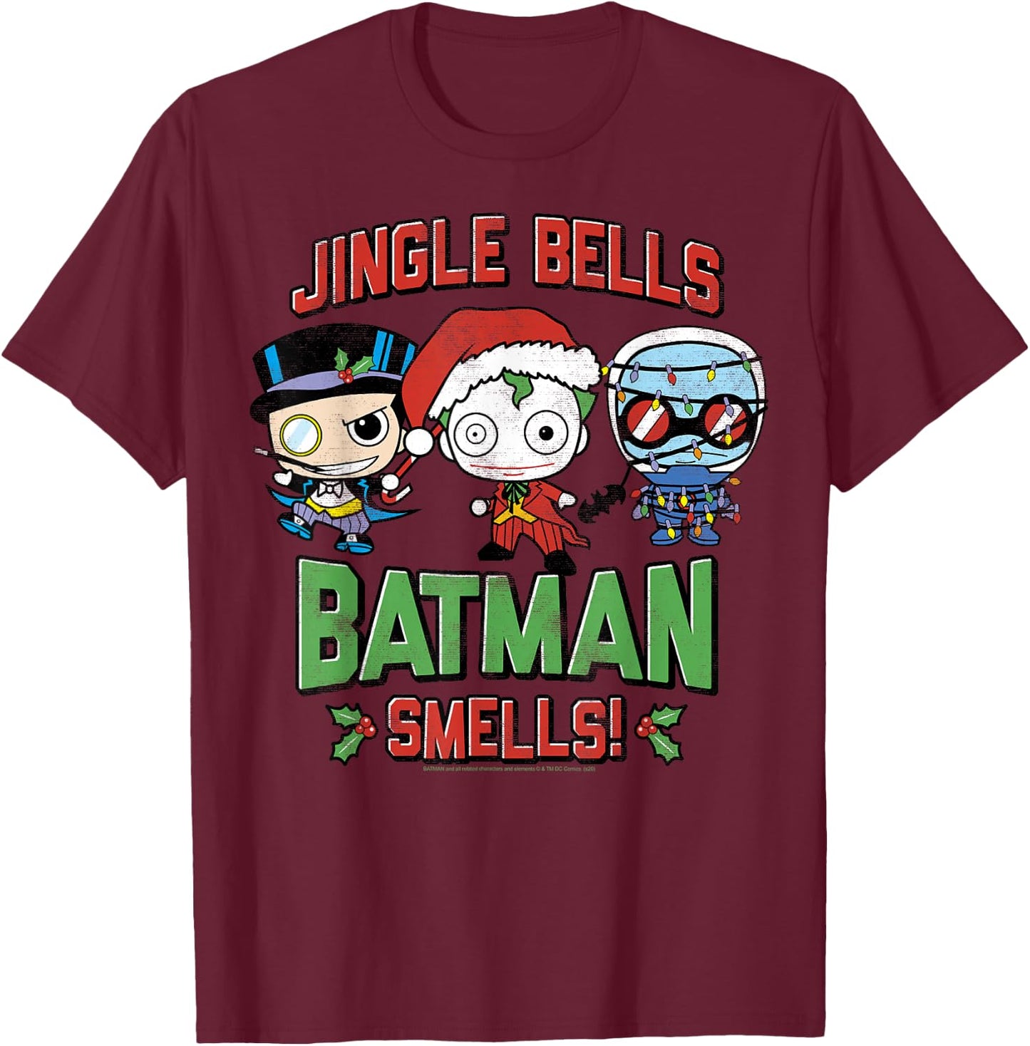 DC Comics Christmas Villains Jingle Bells Batman Smells T-Shirt - T-Shirt | Maroon