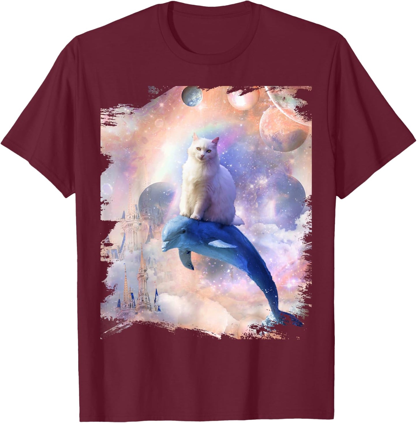 Space Cat Riding Dolphin Men Women Kids T-Shirt - T-Shirt | Maroon