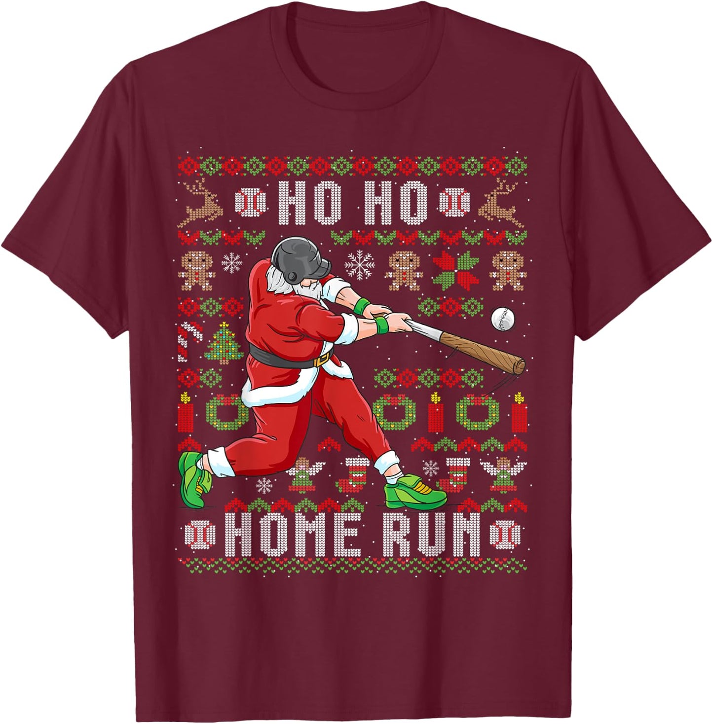 Ugly Christmas Baseball Ho Ho Home Run Funny Gift T-Shirt - T-Shirt | Maroon