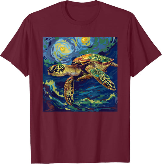 Sea Turtle Van Gogh Style Starry Night T-Shirt - T-Shirt | Maroon