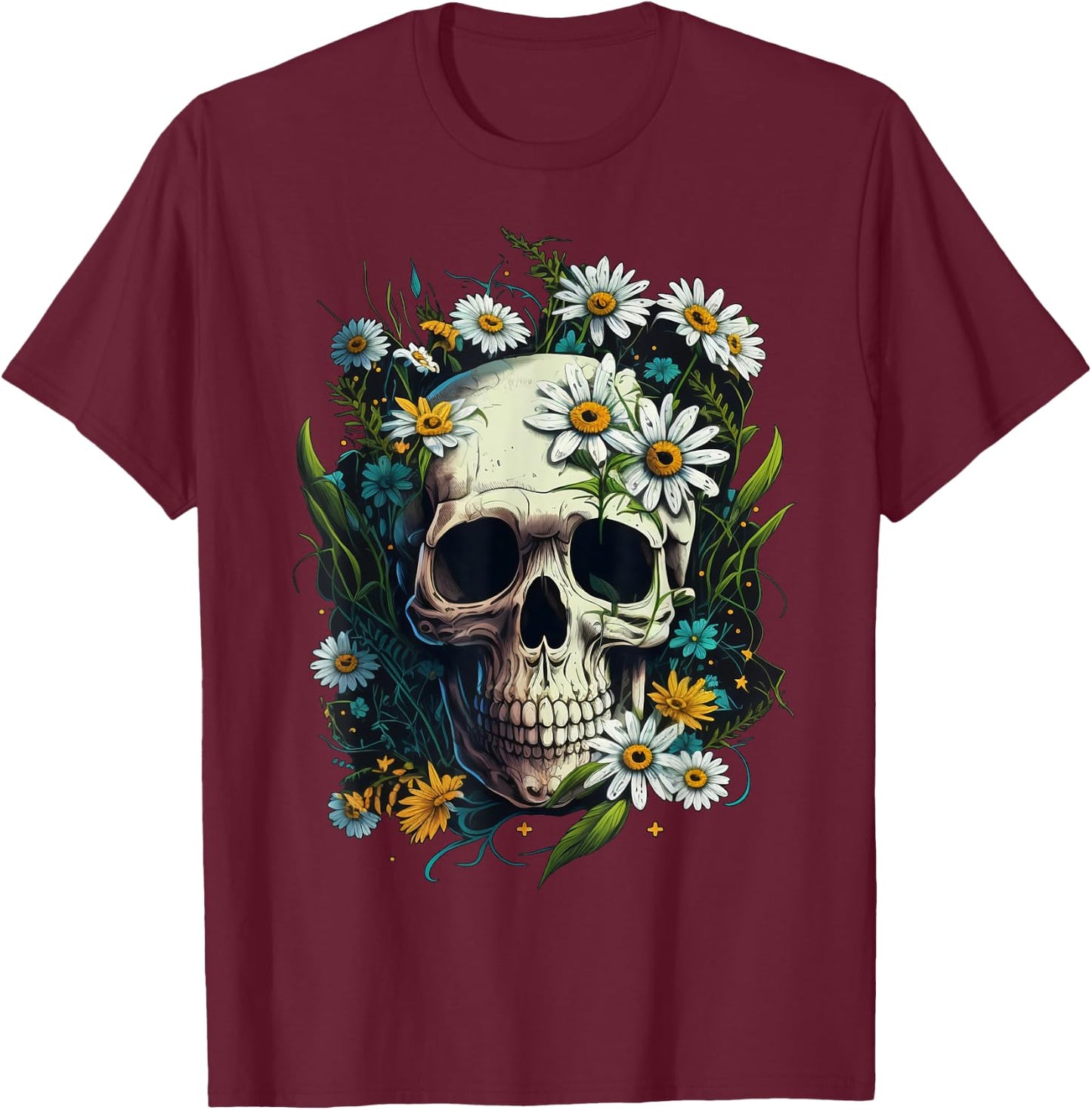 Floral Daisy Flower Skull on Skeleton Daisy Flower T-Shirt - T-Shirt | Maroon