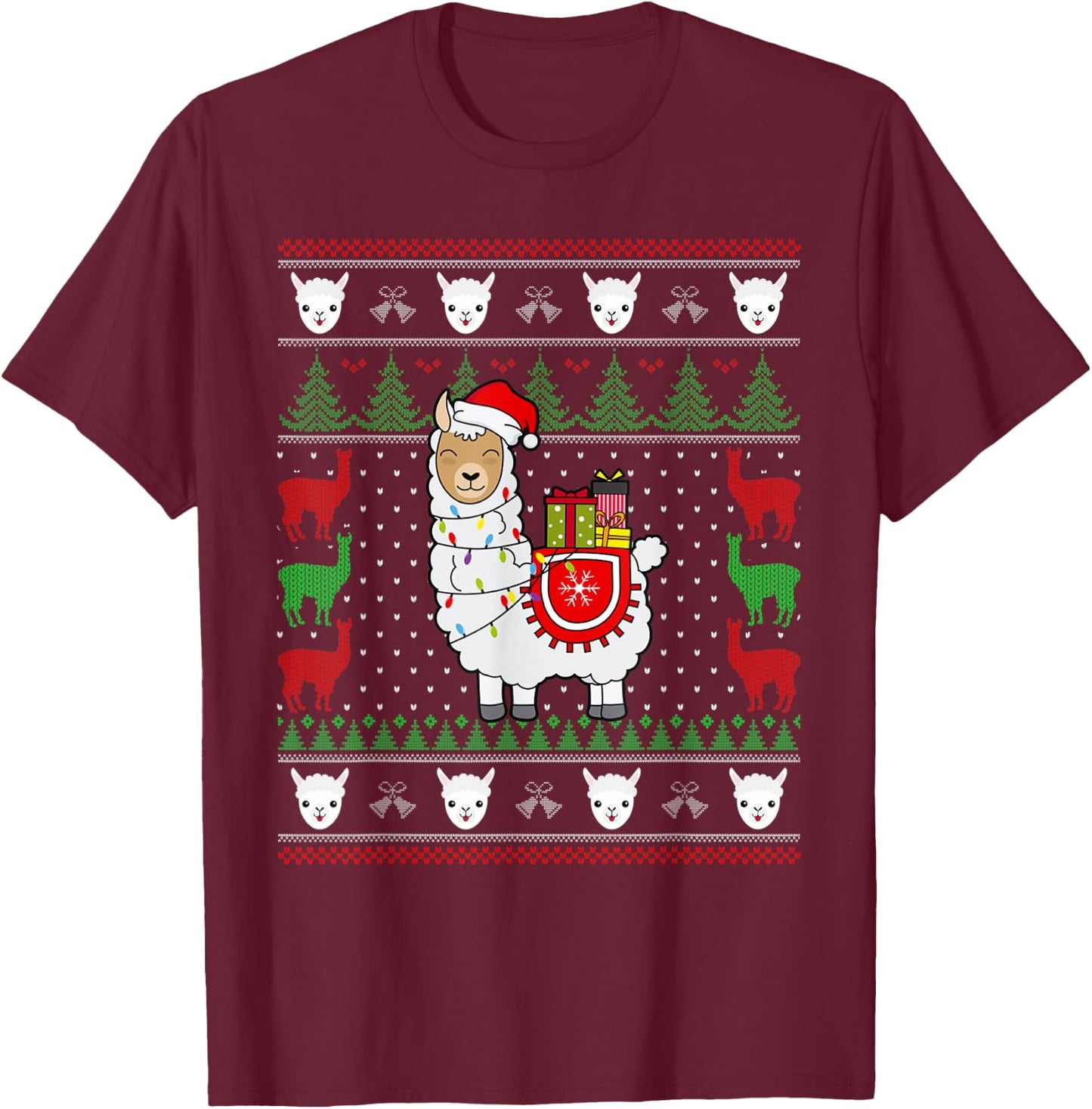 Christmas Llama Santa Hat Cute Ugly Xmas Sweater Funny Gift T-Shirt - T-Shirt | Maroon