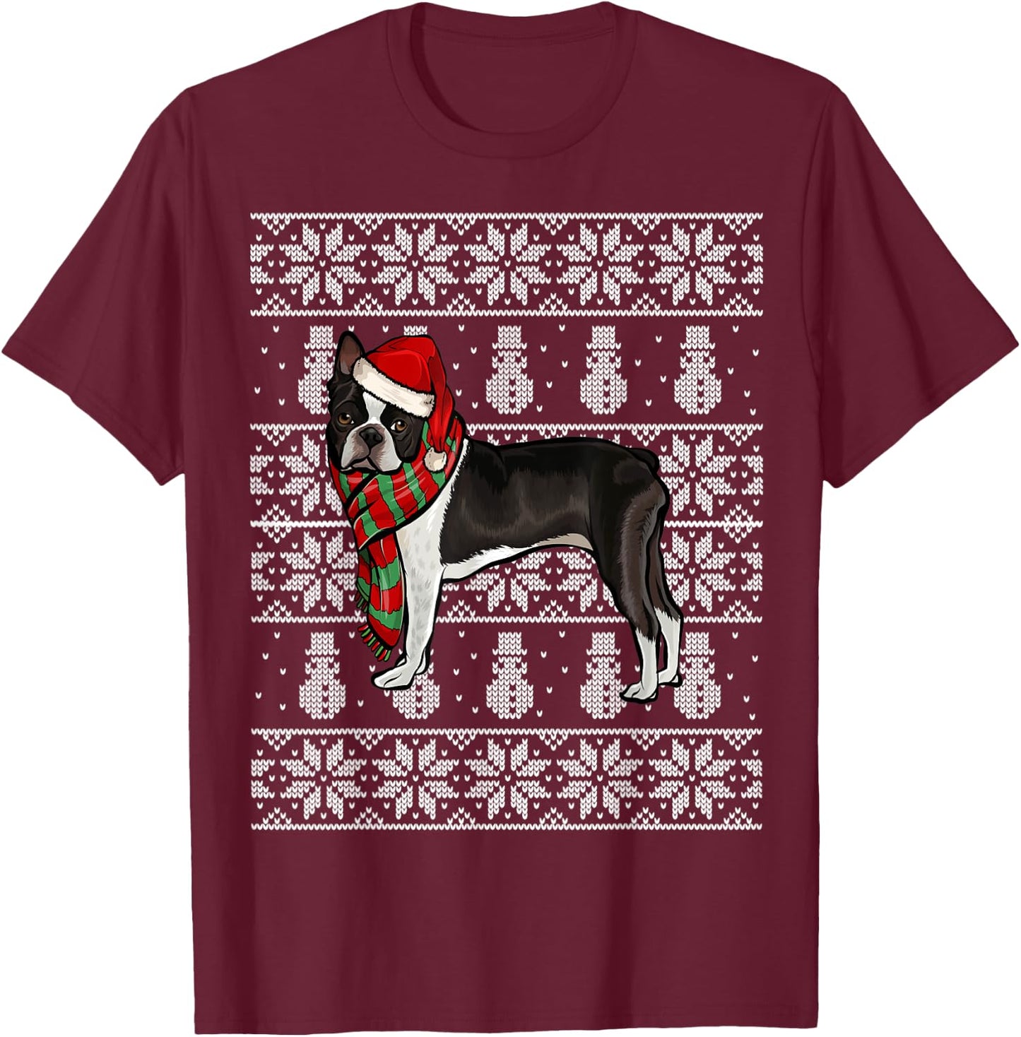 Santa Hat Xmas Boston Terrier Ugly Christmas T-Shirt - T-Shirt | Maroon