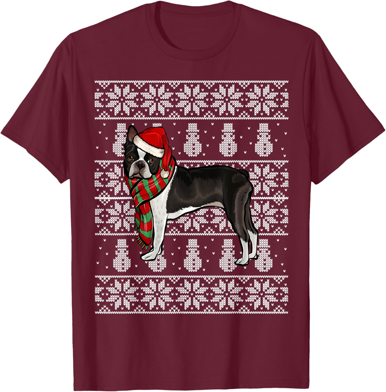 Santa Hat Xmas Boston Terrier Ugly Christmas T-Shirt - T-Shirt | Maroon