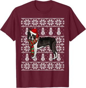 Santa Hat Xmas Boston Terrier Ugly Christmas T-Shirt - T-Shirt | Maroon