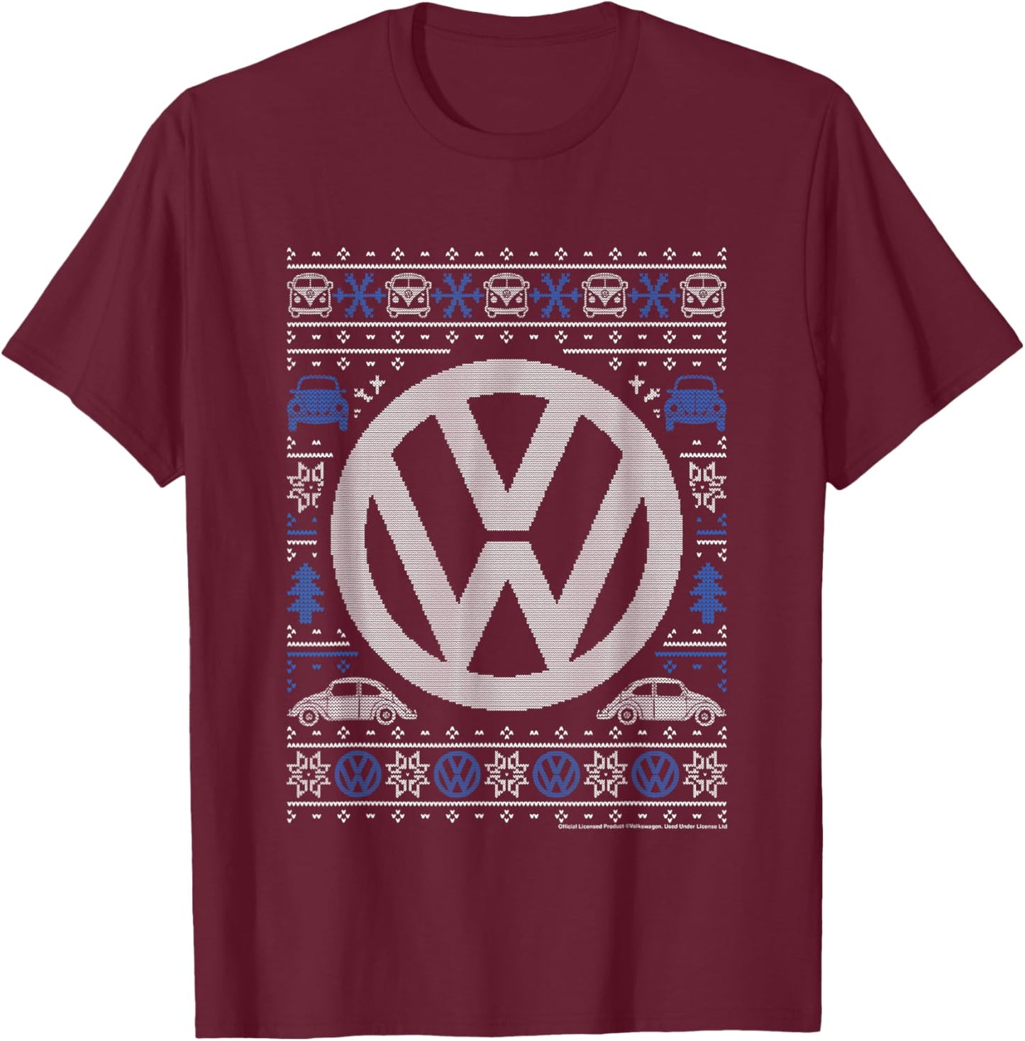 Volkswagen Classic Beetle Car Christmas Knit Knit Pattern T-Shirt - T-Shirt | Maroon