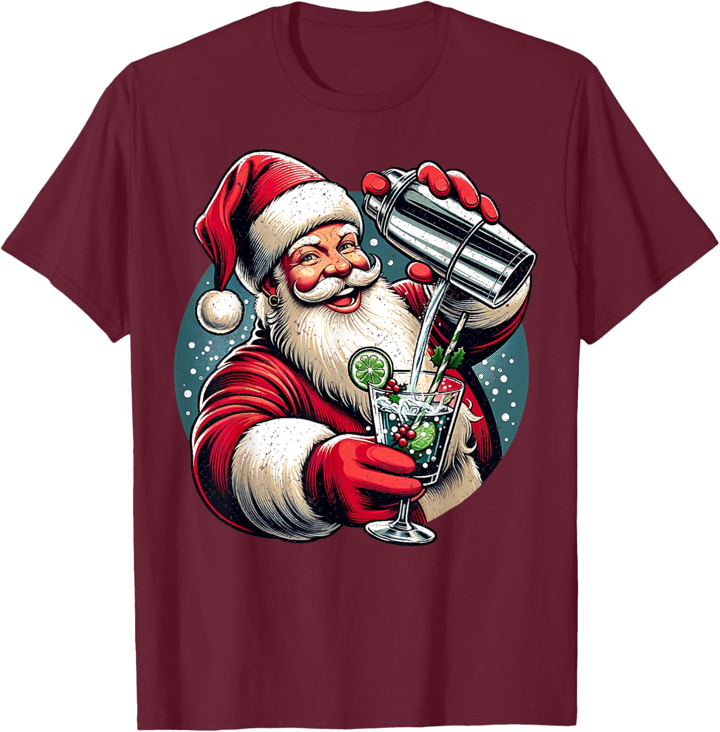 Vintage Santa Bartending Cocktail Funny Bartender Christmas T-Shirt - T-Shirt | Maroon