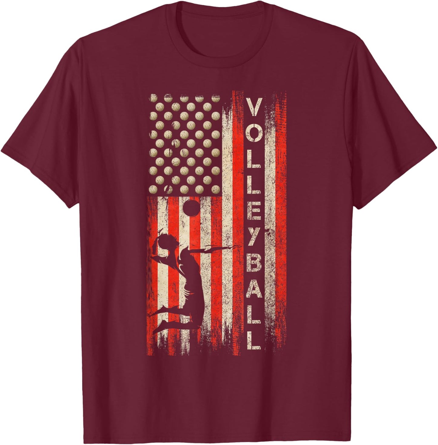 Vintage USA American Flag Volleyball Player Team Silhouette T-Shirt - T-Shirt | Maroon
