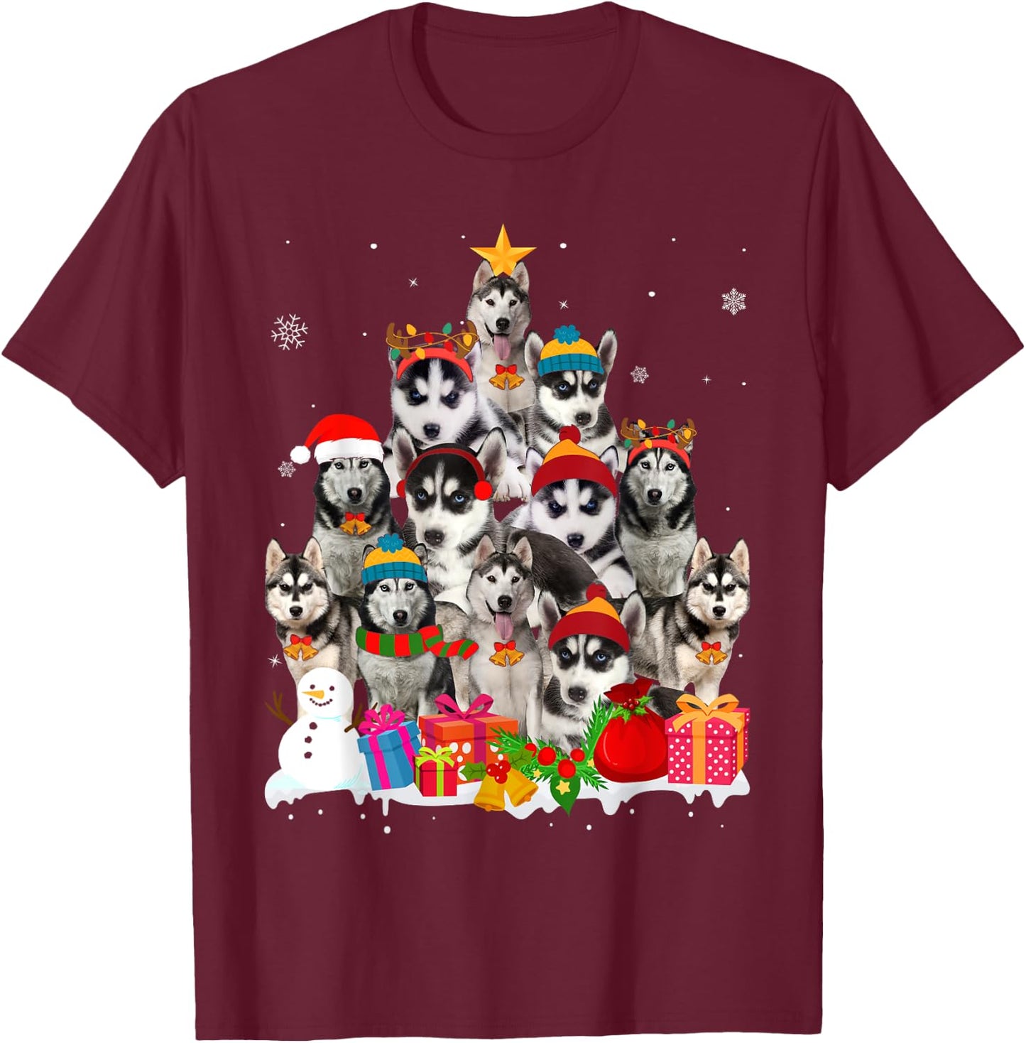 Funny Siberian Husky Christmas Tree Pet Dog Lover Women Kids T-Shirt - T-Shirt | Maroon
