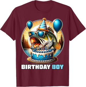 Funny Birthday Boy Fishing Birthday Shirt Bday Party Kids T-Shirt - T-Shirt | Maroon